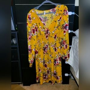 Long Sleeve Yellow Floral Dress Small